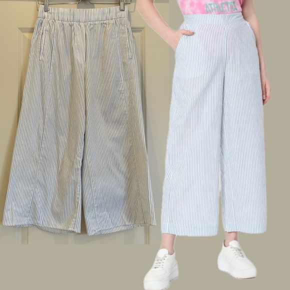 Zara High Waist Blue & White Striped Wide Leg Cropped Pants with Pockets, Size S - Picture 3 of 10